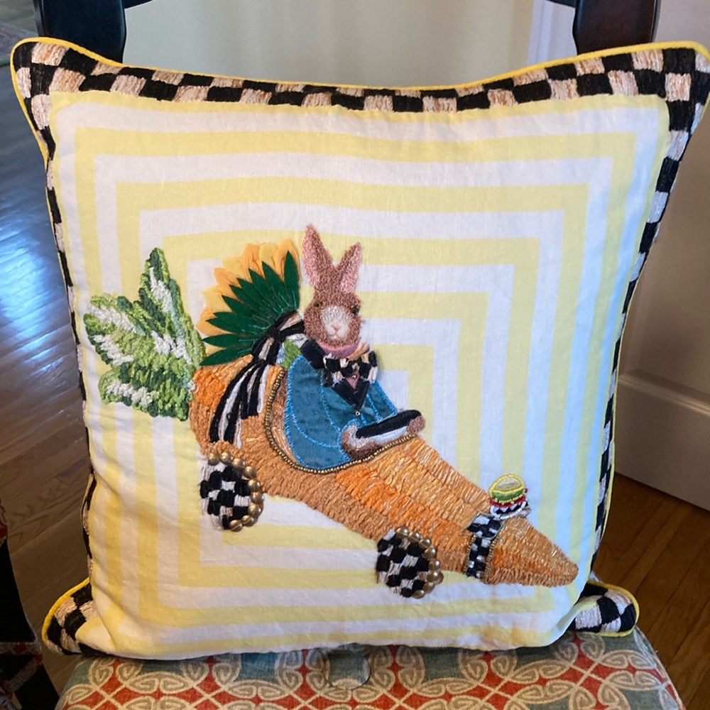 Mackenzie Childs New Embroidered Bunny Pillow carrot  Yellow Stripes $115